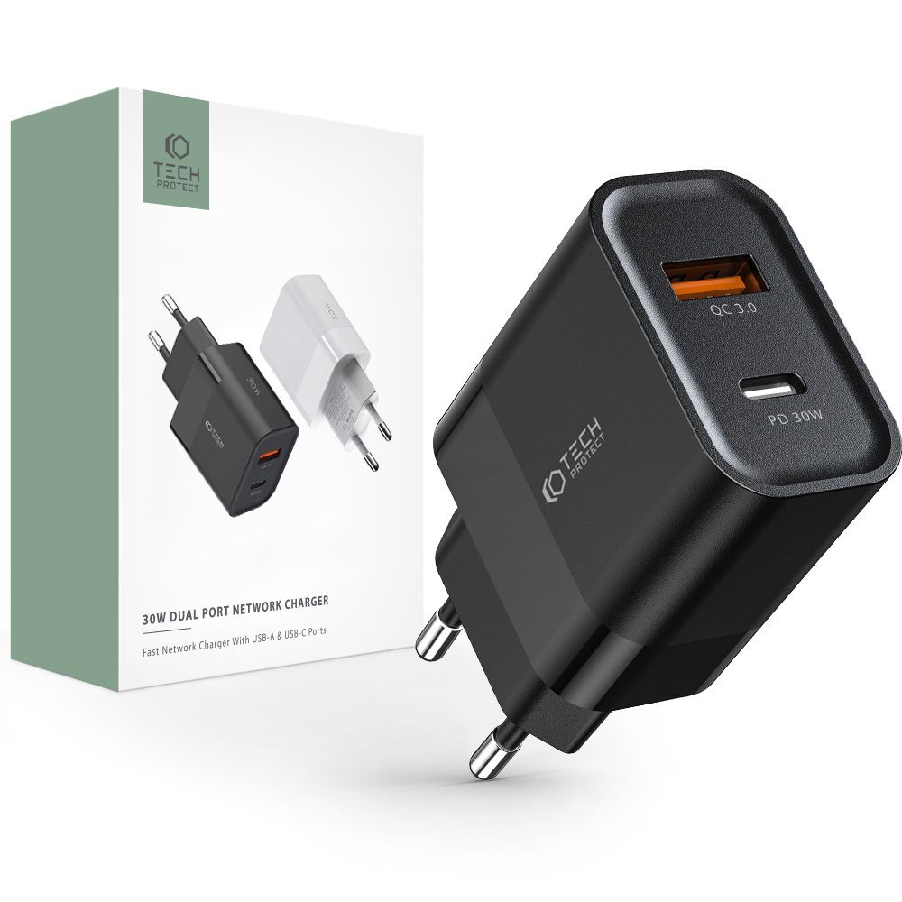 Tech-Protect Tech-Protect 30W PD QC USB-C / USB-A Väggladdare Svart