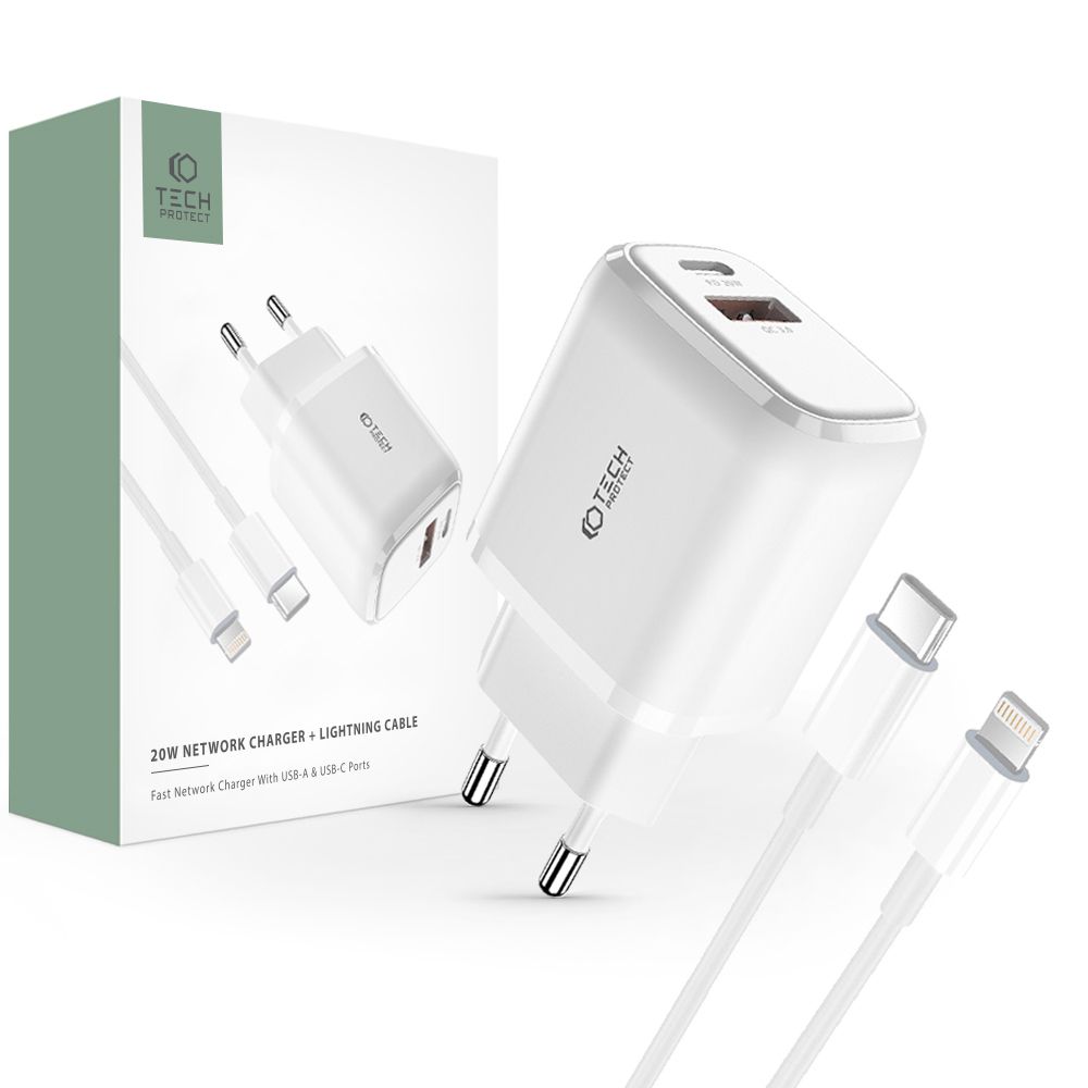 Tech-Protect Tech-Protect 20W Väggladdare PD Inkl. USB-C - Lightning Kabel Vit