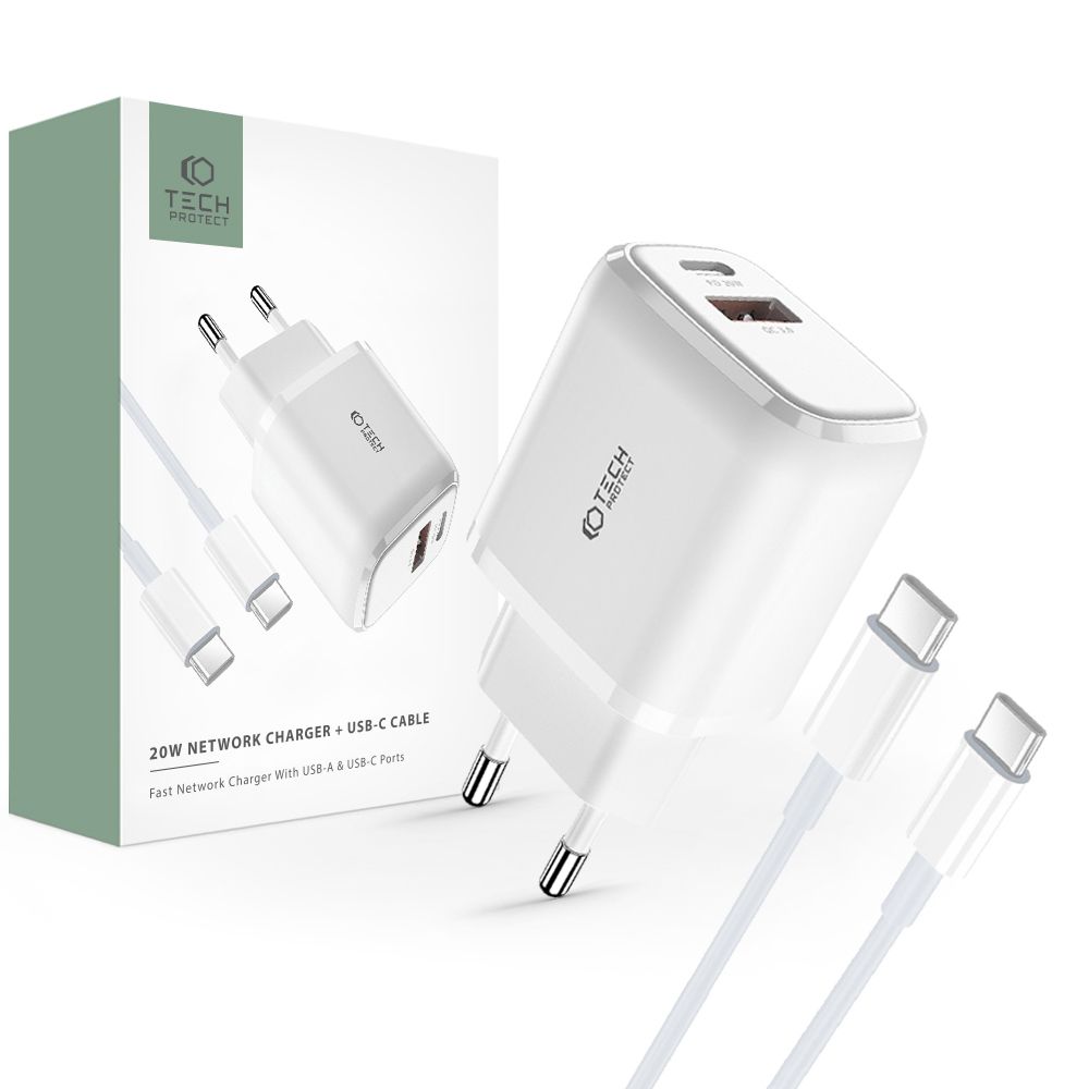 Tech-Protect Tech-Protect 20W Väggladdare PD Inkl. USB-C - USB-C Kabel Vit