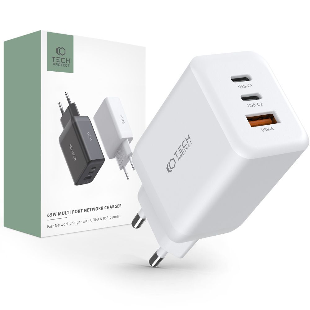 Tech-Protect Tech-Protect 65W PD/QC Väggladdare 2x USB-C 1x USB-A Vit