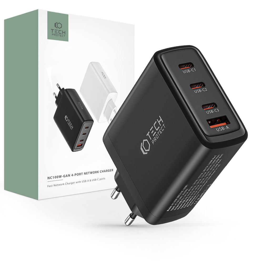 Tech-Protect Tech-Protect 100W GaN PD/QC Väggladdare 3x USB-C 1x USB-A Svart
