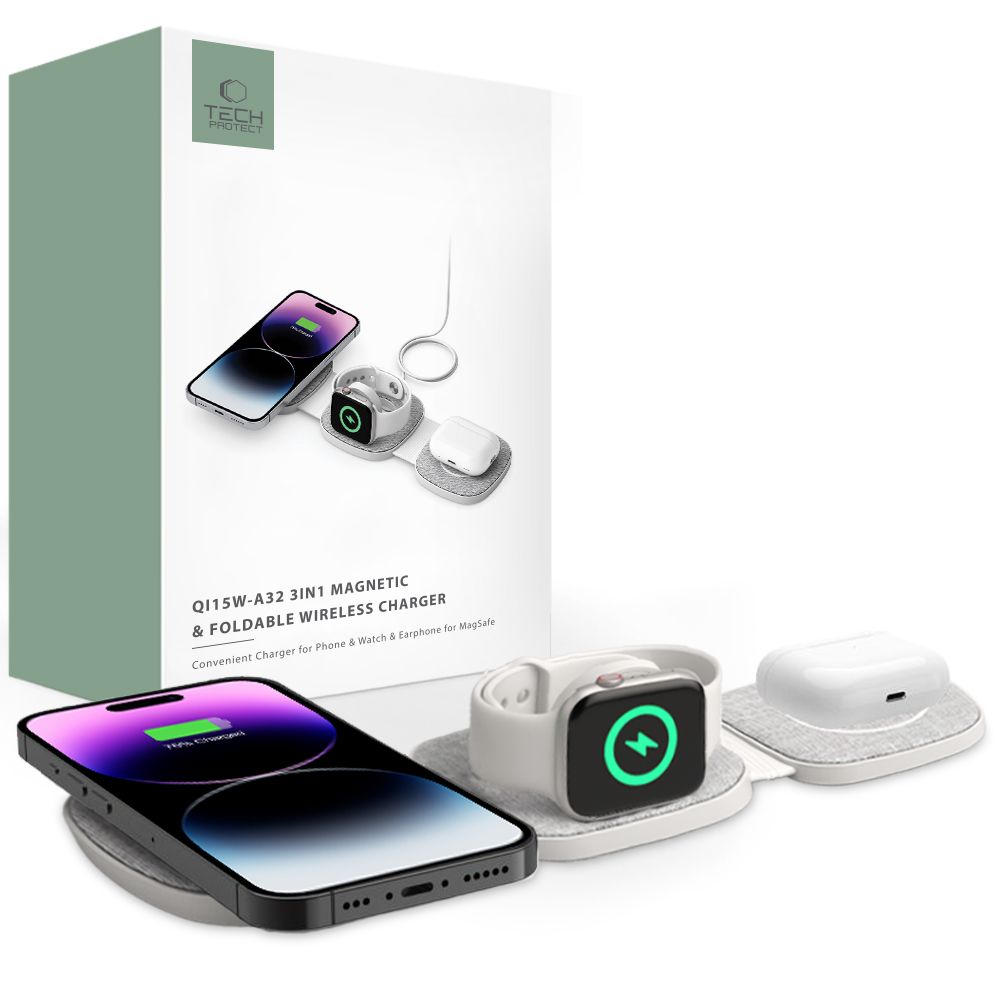 Tech-Protect Tech-Protect 15W 3in1 Magnetisk MagSafe Qi Laddare Grå
