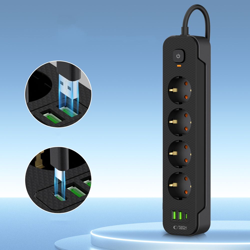 Tech-Protect Tech-Protect 2 m Förgreningsdosa Med USB-C/USB-A Svart