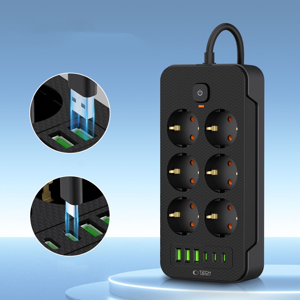 Tech-Protect Tech-Protect 2 m Förgreningsdosa Med USB-C/USB-A Svart