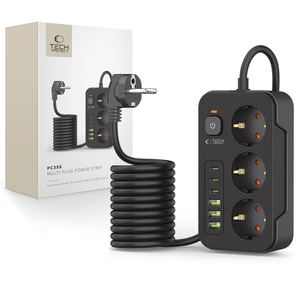 Tech-Protect Tech-Protect 2 m Förgreningsdosa Med USB-C/USB-A Svart