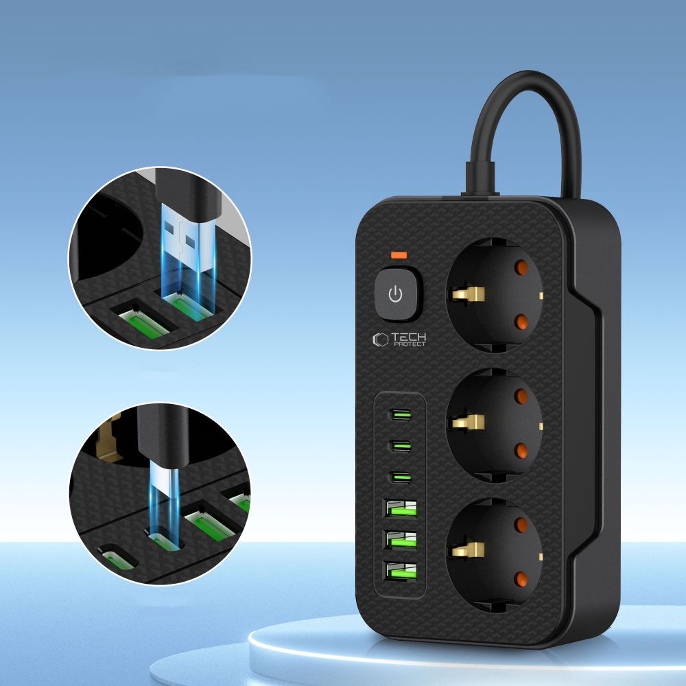 Tech-Protect Tech-Protect 2 m Förgreningsdosa Med USB-C/USB-A Svart