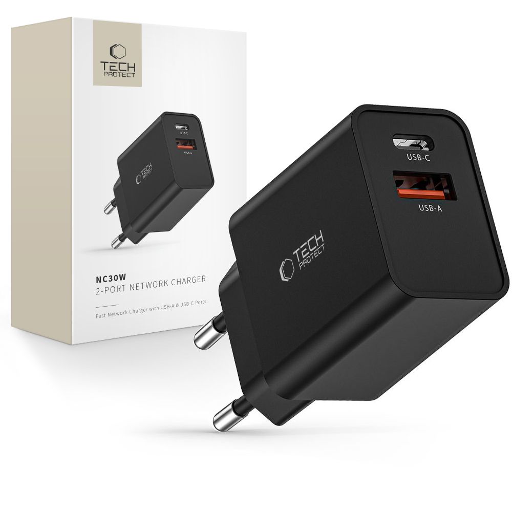 Tech-Protect Tech-Protect 30W PD QC 2x USB-C/USB-A Väggladdare Svart