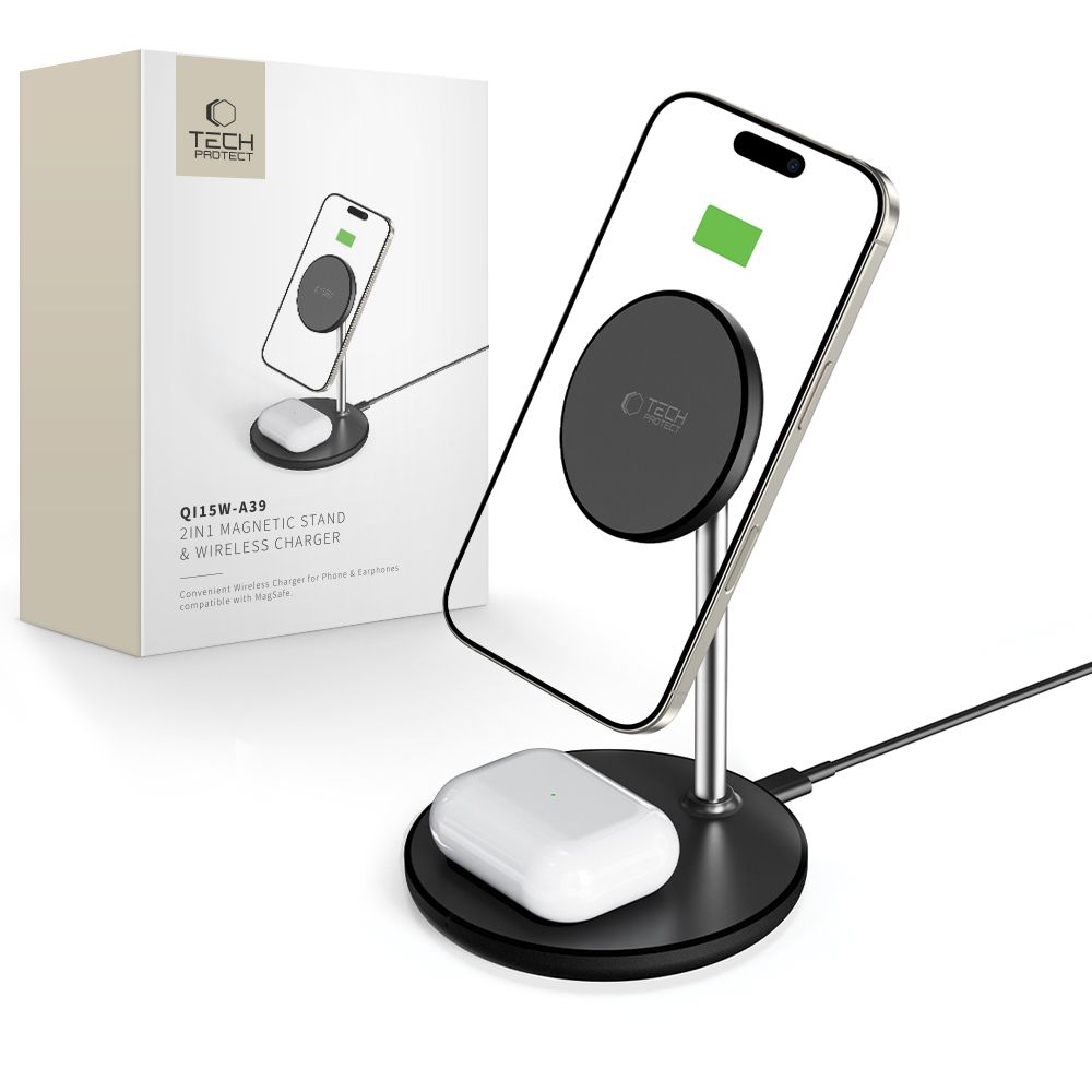 Tech-Protect Tech-Protect 15W Qi 2in1 Magnetisk MagSafe Laddare Svart