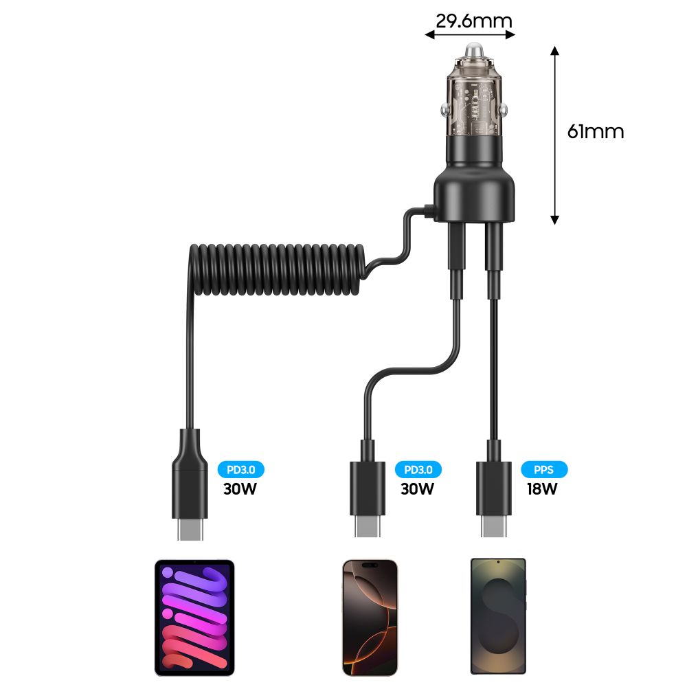 Tech-Protect Tech-Protect 60W PD USB-C/USB-A Billaddare Inkl. Kabel Svart