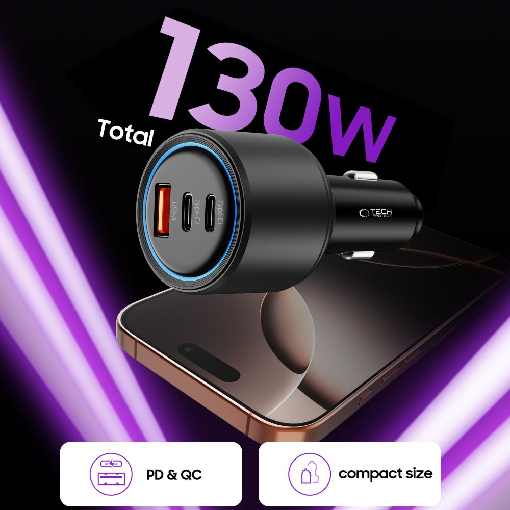 Tech-Protect Tech-Protect 130W PD USB-C / USB-A Billaddare Svart