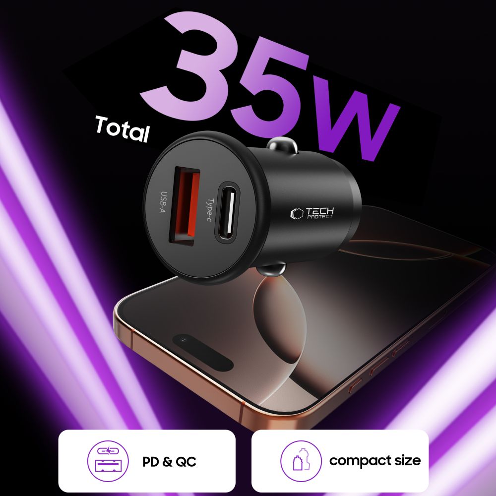 Tech-Protect Tech-Protect 35W PD QC USB-C / USB-A Billddare Svart