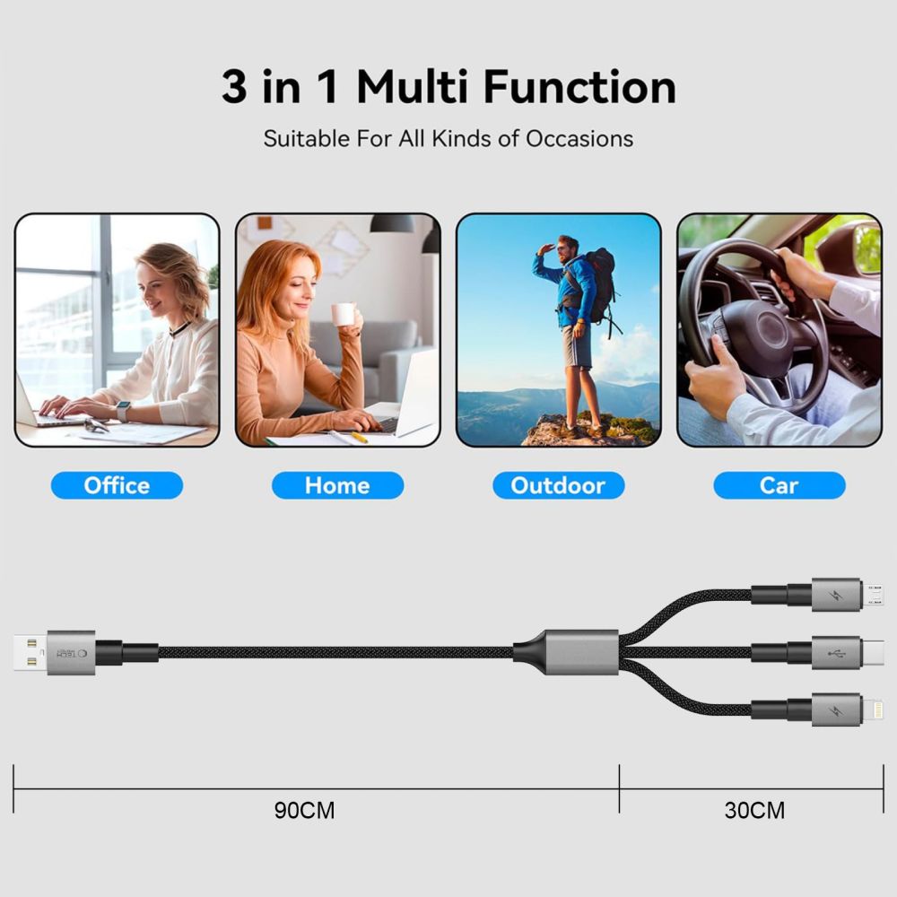 Tech-Protect Tech-Protect 1.2m 3in1 USB-C/Lightning/Micro USB Kabel Iron Grey