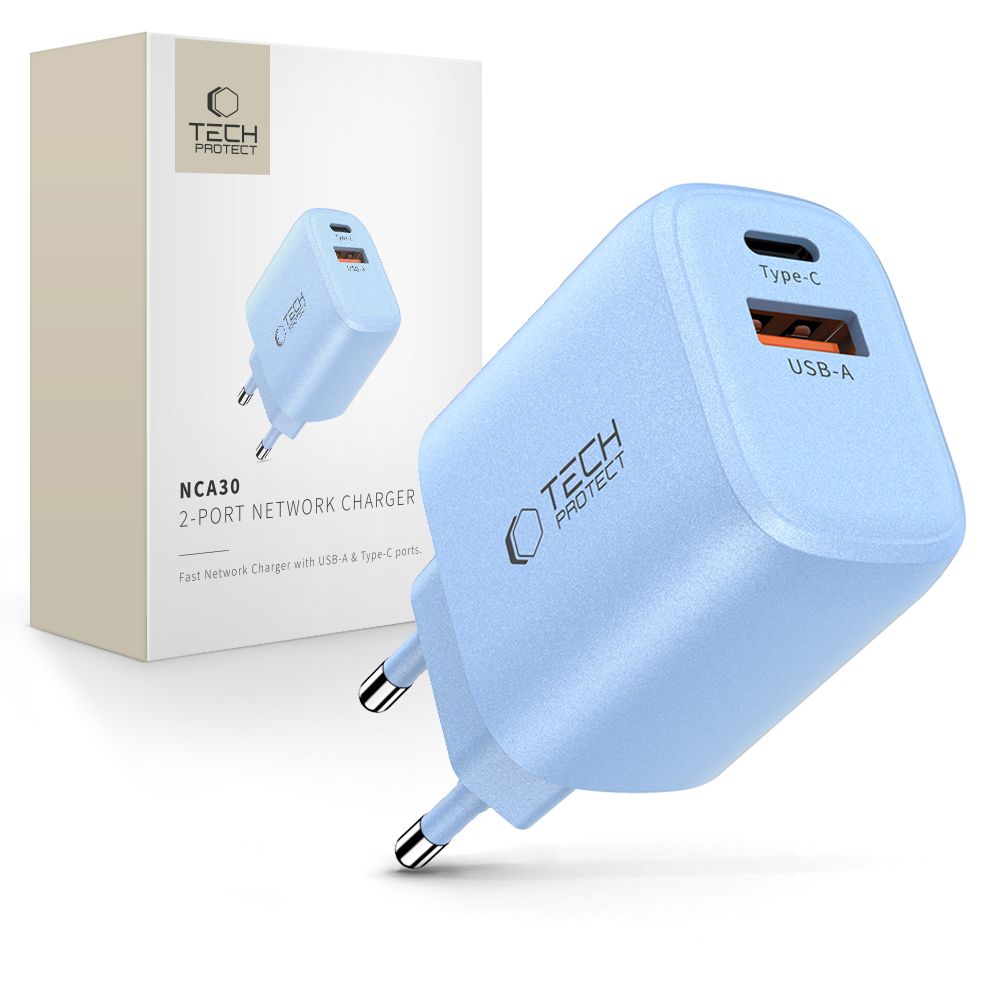 Tech-Protect Tech-Protect 30W Väggladdare PD QC3.0 USB-C / USB-A Baby Blue