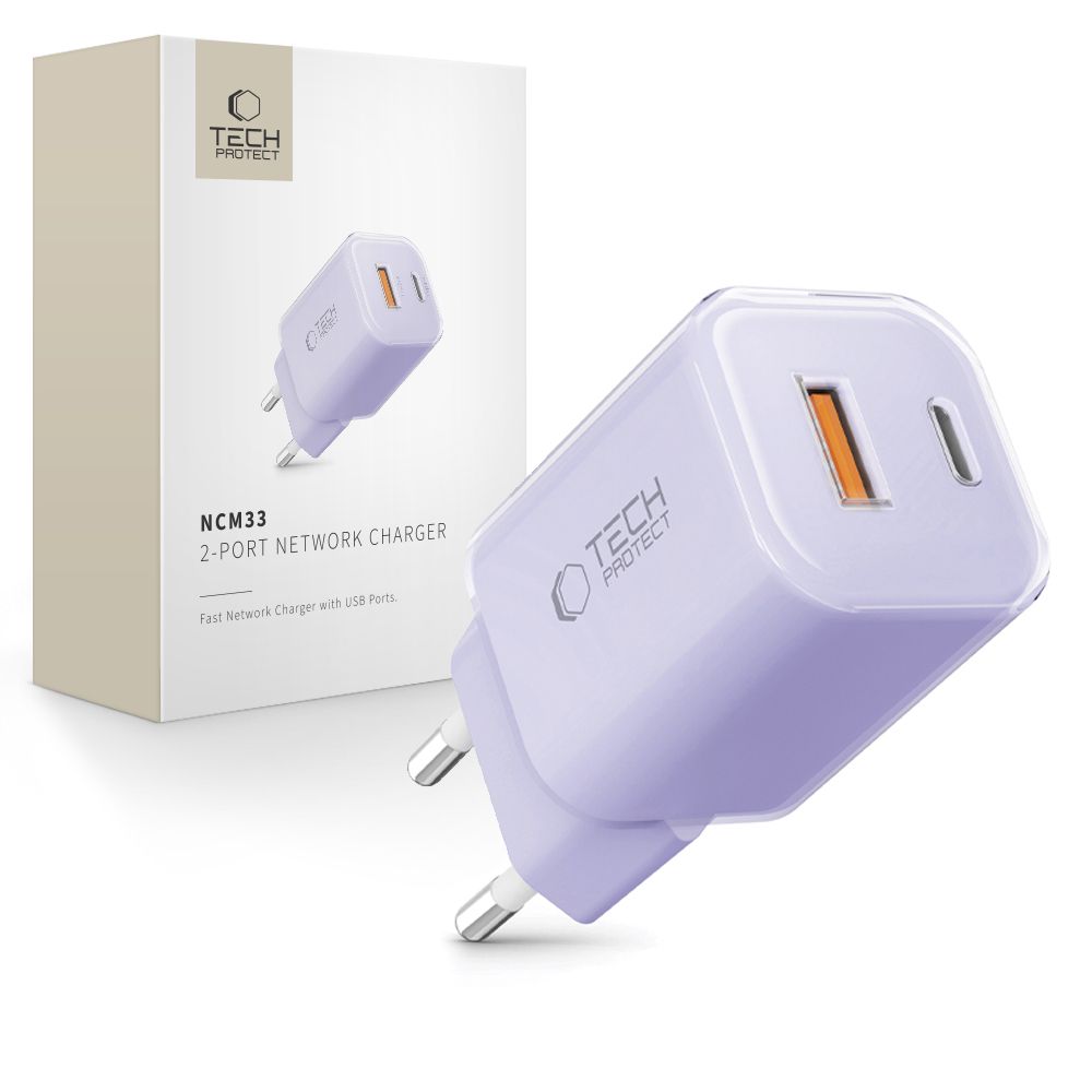 Tech-Protect Tech-Protect 33W Väggladdare PD QC3.0 USB-C / USB-A Baby Purple