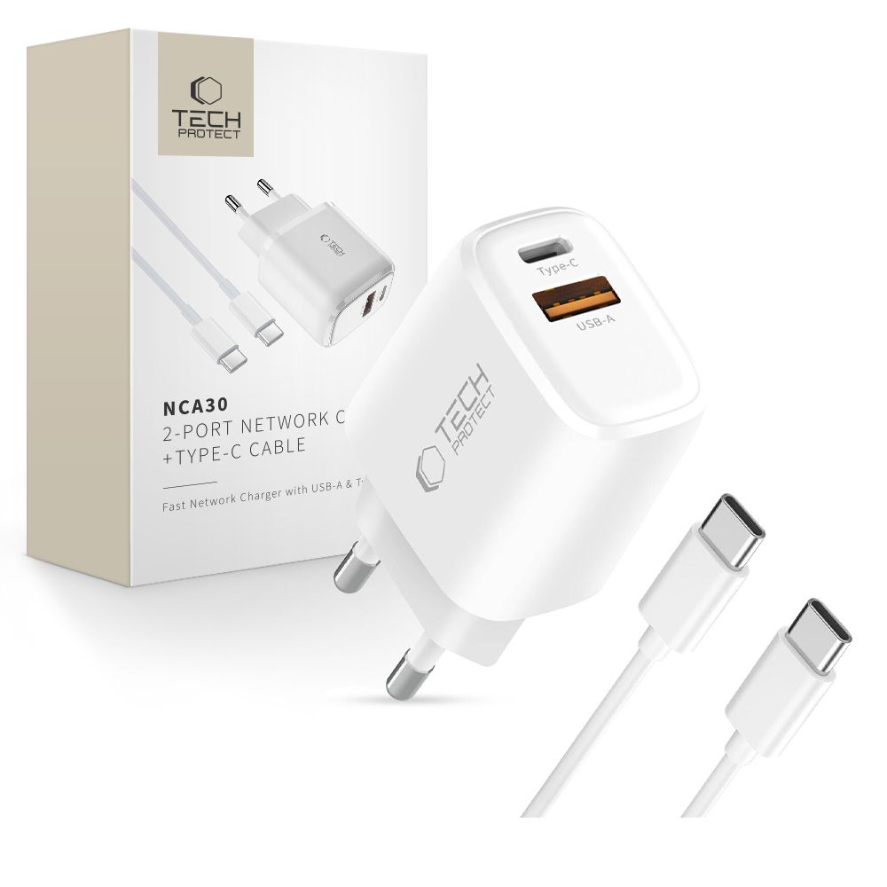 Tech-Protect Tech-Protect 30W Väggladdare PD Inkl. USB-C - USB-C Kabel Vit