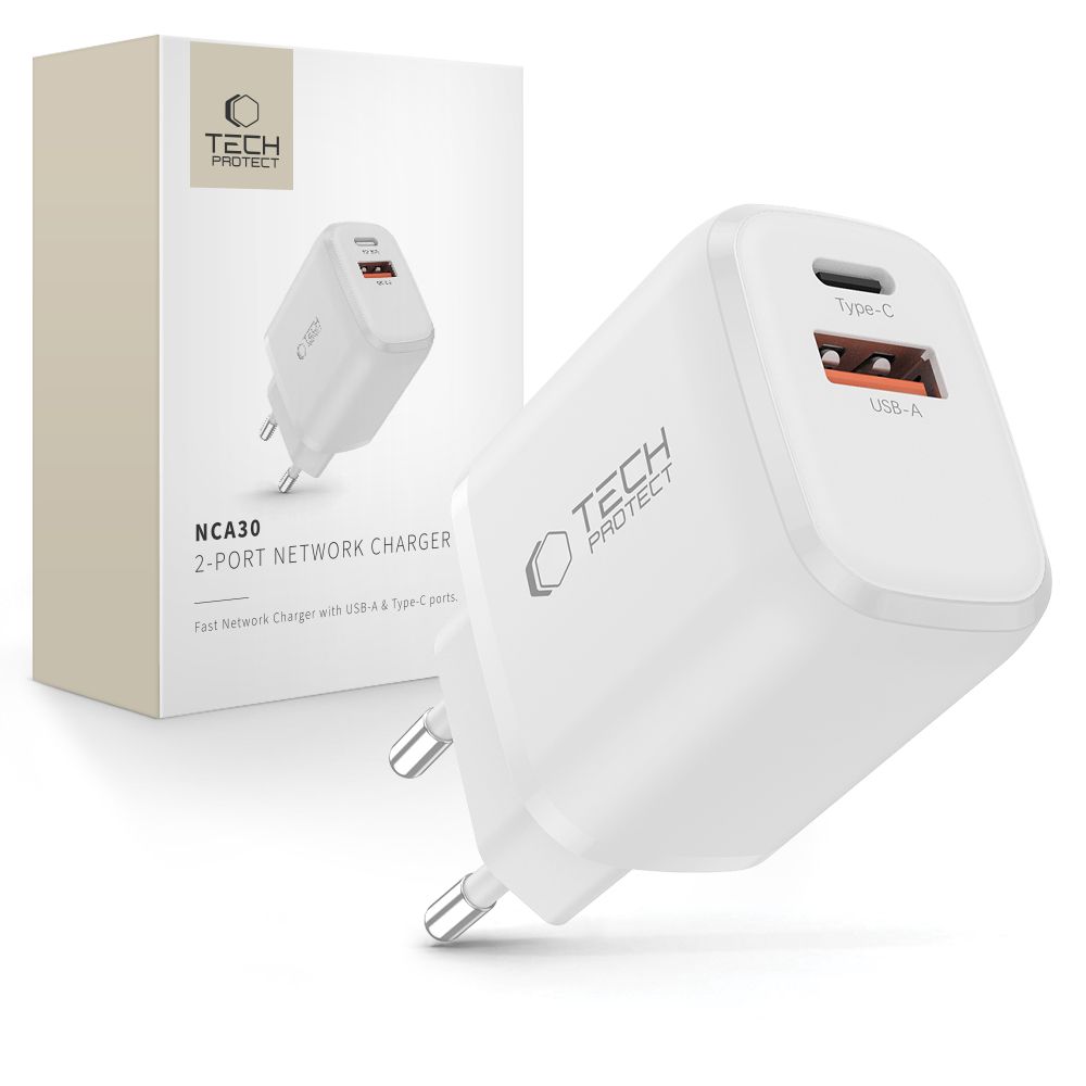 Tech-Protect Tech-Protect 30W Väggladdare PD QC3.0 USB-C / USB-A Vit