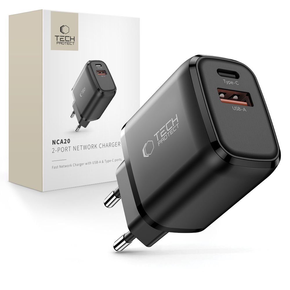 Tech-Protect Tech-Protect 20W Väggladdare PD QC3.0 USB-C / USB-A Svart