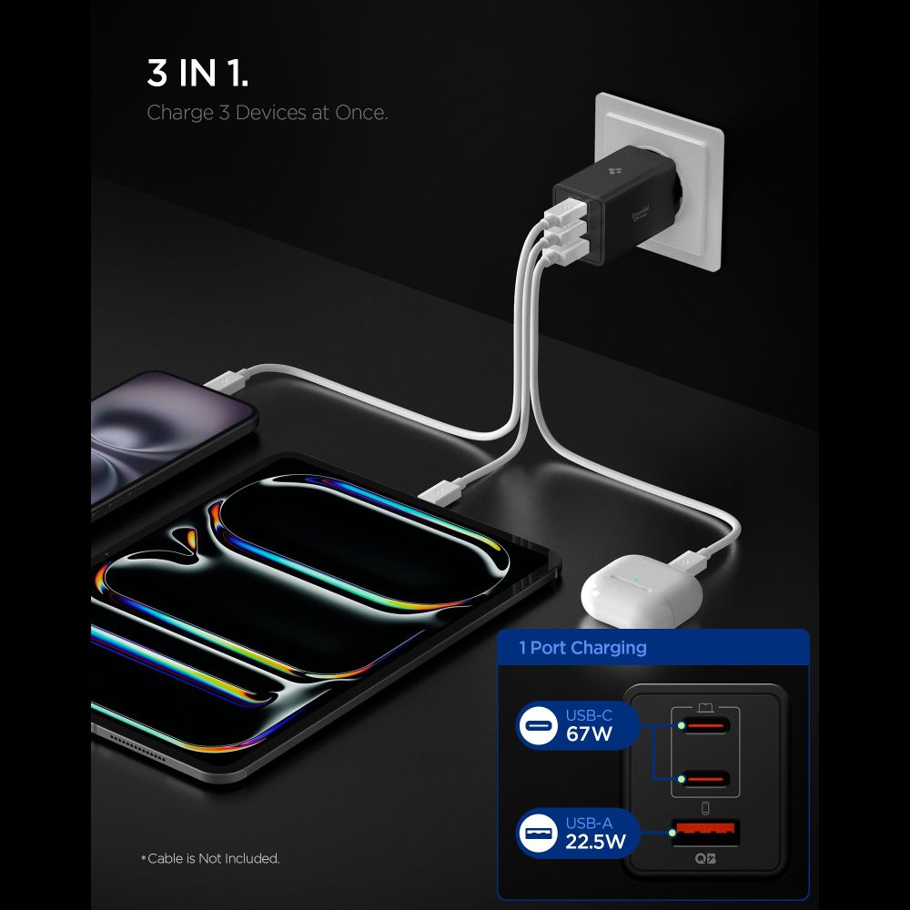 Spigen Spigen 67W Väggladdare 2x USB-C / USB-A Essential Svart