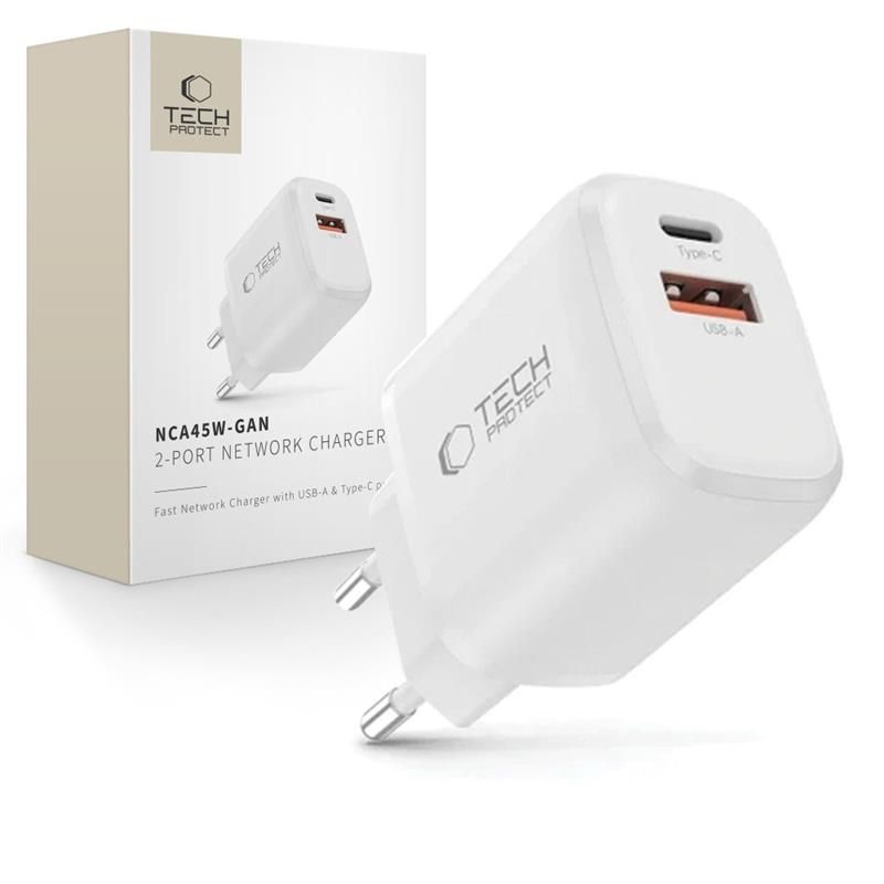 Tech-Protect Tech-Protect 45W PD QC3.0 Väggladdare USB-C / USB-A Vit