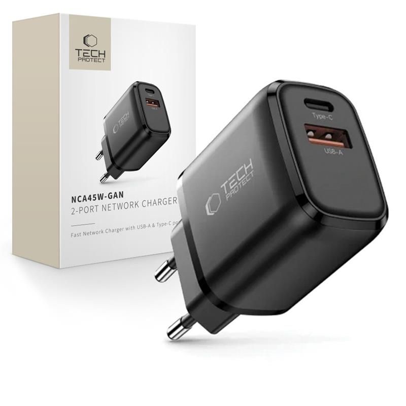 Tech-Protect Tech-Protect 45W PD QC3.0 Väggladdare USB-C / USB-A Svart