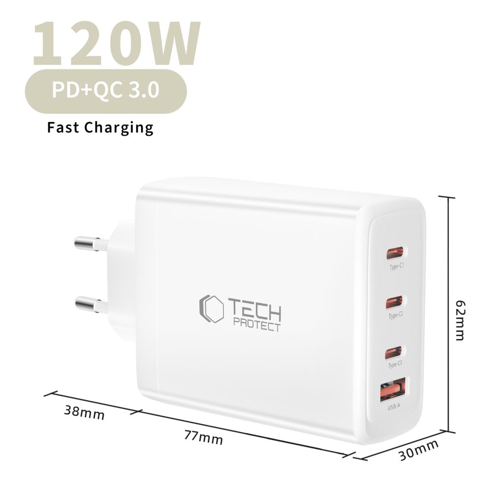 Tech-Protect Tech-Protect 120W Väggladdare PD QC3.0 USB-C/USB-A Vit