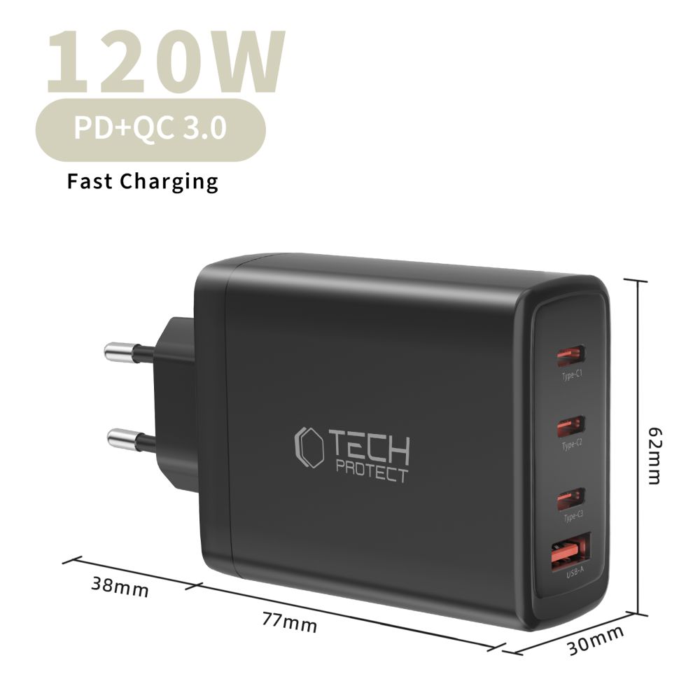 Tech-Protect Tech-Protect 120W Väggladdare PD QC3.0 USB-C/USB-A Svart