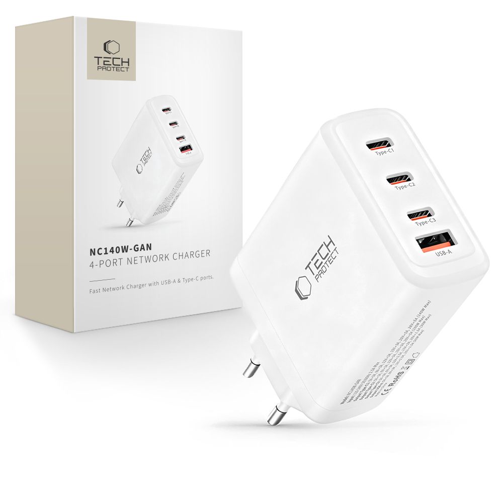 Tech-Protect Tech-Protect 140W Väggladdare PD QC3.0 USB-C/USB-A Vit