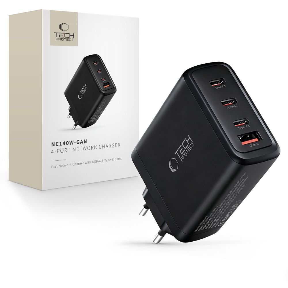 Tech-Protect Tech-Protect 140W Väggladdare PD QC3.0 USB-C/USB-A Svart