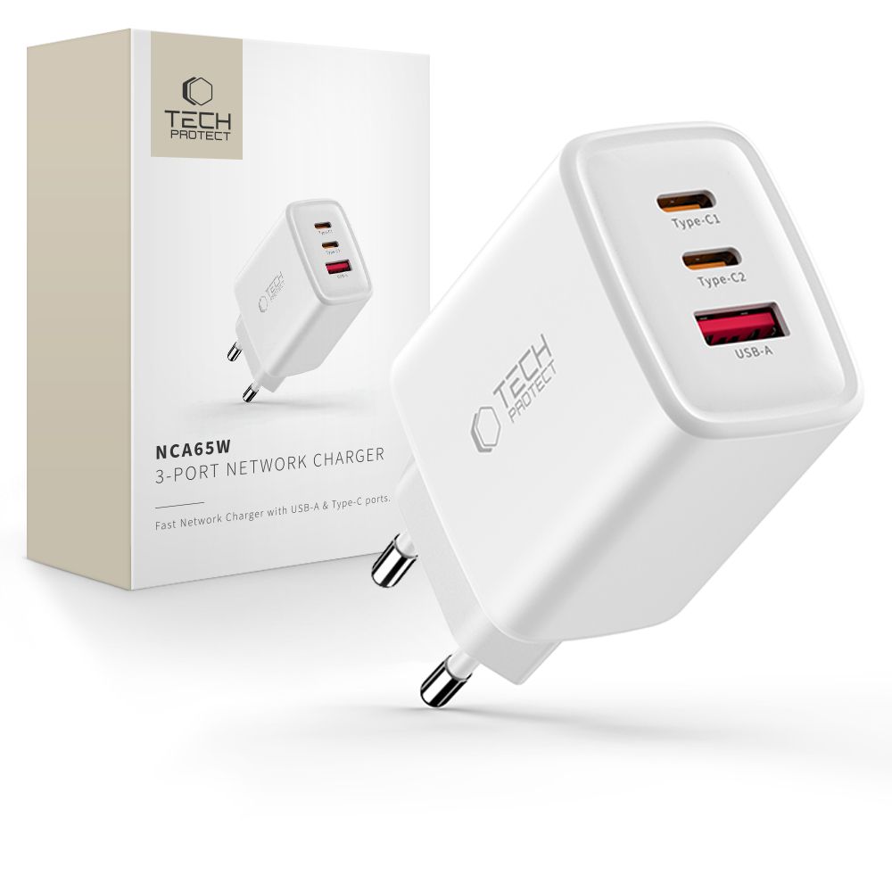Tech-Protect Tech-Protect 65W Väggladdare PD QC3.0 USB-C / USB-A Vit