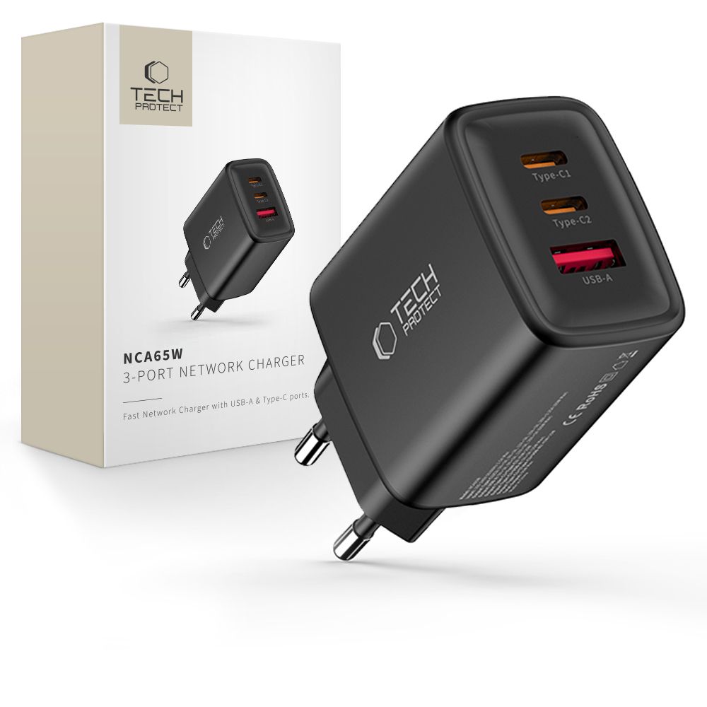 Tech-Protect Tech-Protect 65W Väggladdare PD QC3.0 USB-C / USB-A Svart