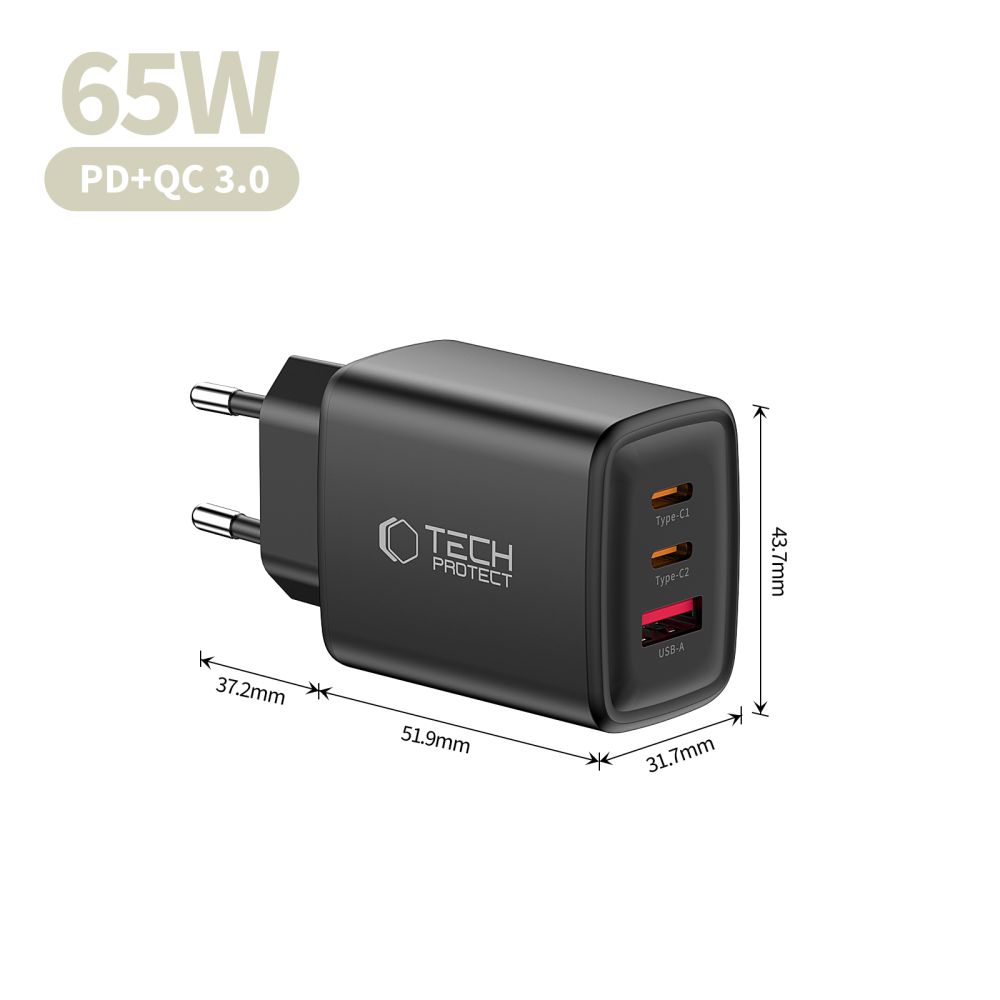Tech-Protect Tech-Protect 65W Väggladdare PD QC3.0 USB-C / USB-A Svart