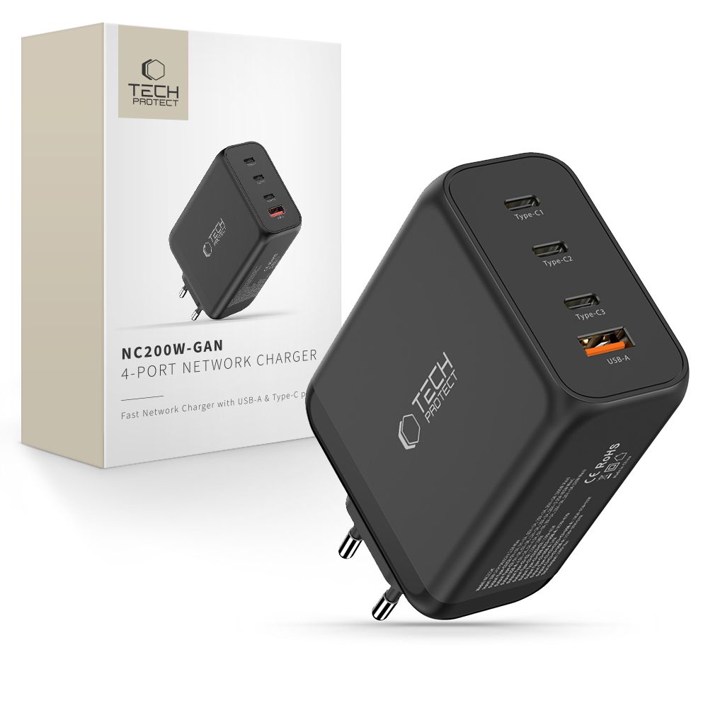 Tech-Protect Tech-Protect 200W Väggladdare PD QC3.0 USB-C / USB-A Svart