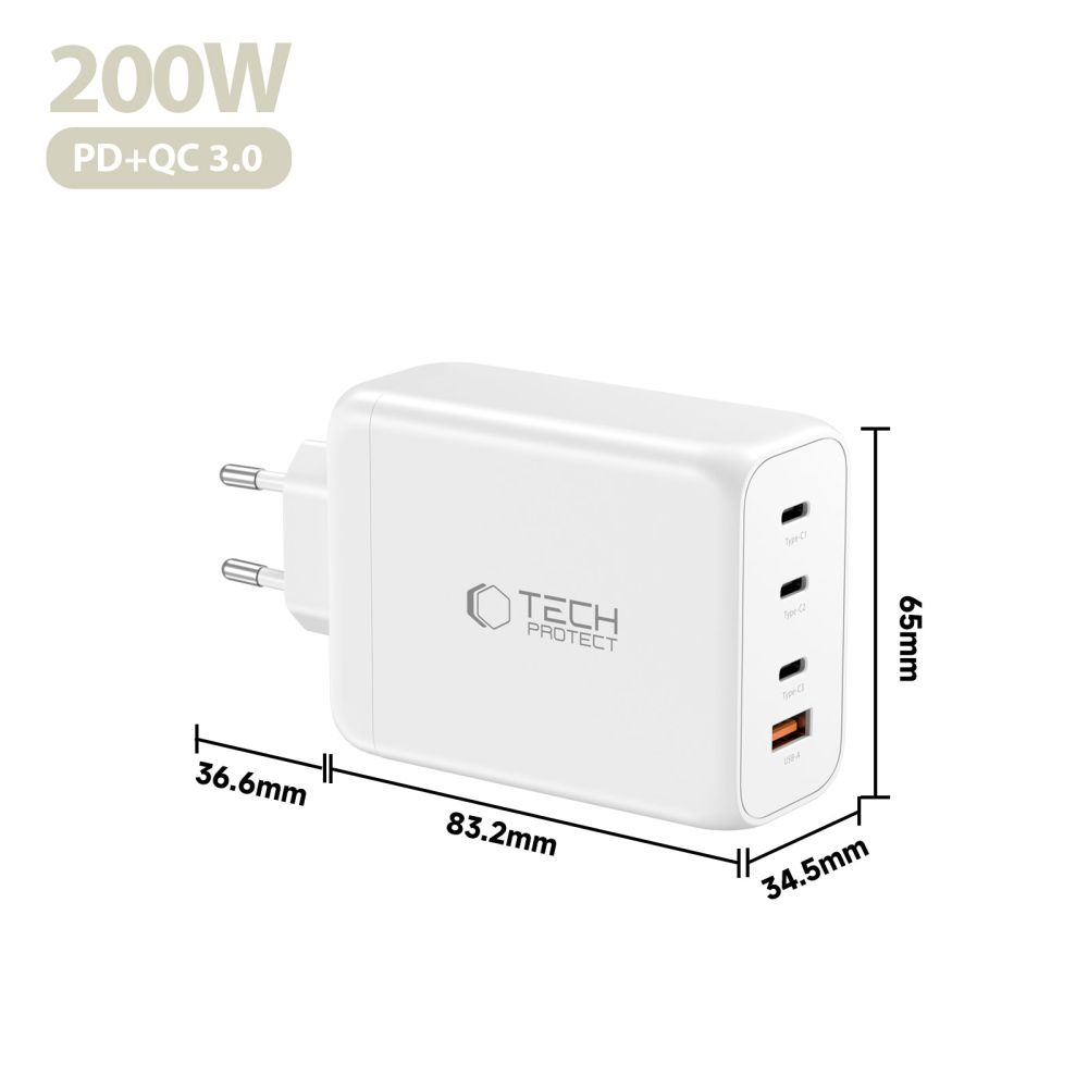 Tech-Protect Tech-Protect 200W Väggladdare PD QC3.0 USB-C / USB-A Vit