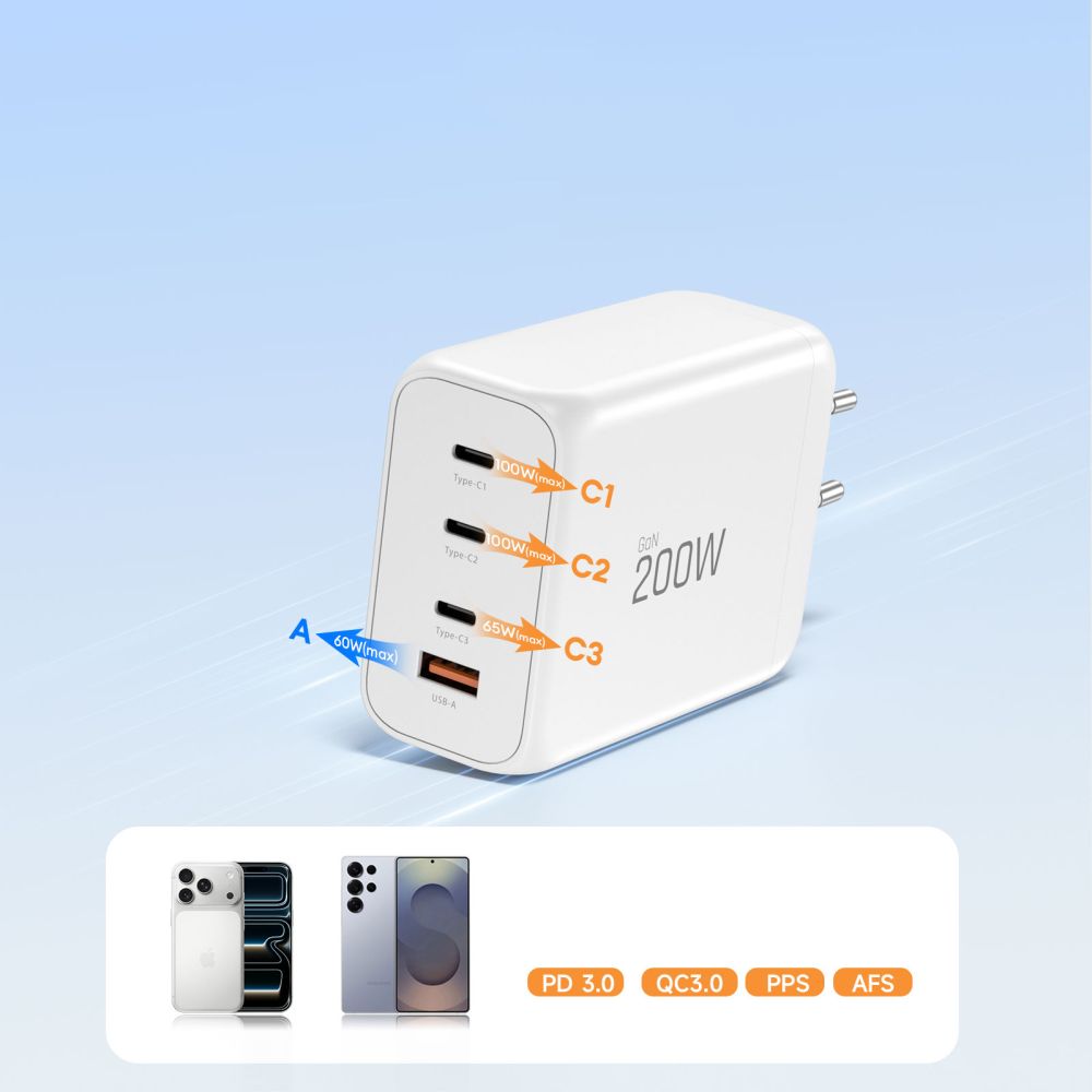 Tech-Protect Tech-Protect 200W Väggladdare PD QC3.0 USB-C / USB-A Vit